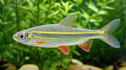 Graceful Fish Swimming in a Vibrant Aquarium Surrounded by Lush Green Plants Creating a Tranquil Underwater Habitat Full of Life and Color