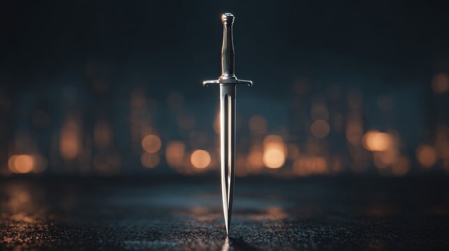 A gleaming silver dagger stands prominently against a blurred, moody background, evoking a sense of mystery and intrigue.
