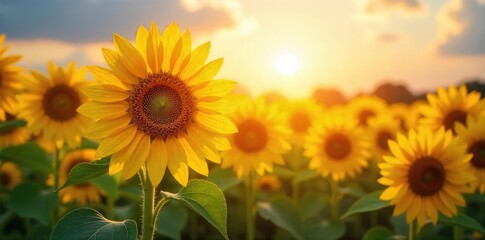 Obraz premium Vibrant sunflowers bathed in warm sunlight, their faces turned towards the radiant sun A stunning display of nature's beauty and the joy of summer , detail, sunny day