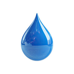 A single, teardrop-shaped droplet of vibrant blue liquid, highly reflective, isolated on a black background