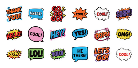 Large collection of comic book style speech bubbles and bursts with popular phrases and exclamations like THANK YOU!, LOL!, OMG!, HEY!, and COOL! © 张锋