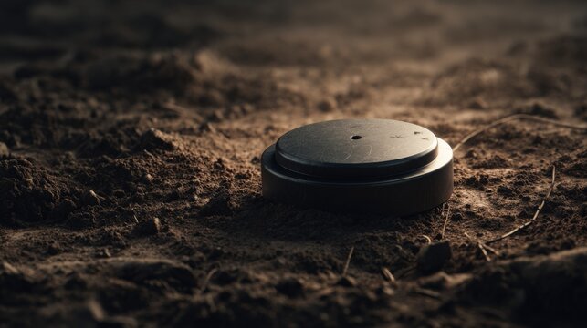 A close-up of a landmine resting on the ground, surrounded by earthy tones and dirt, highlighting the ominous nature of unexploded ordnance.