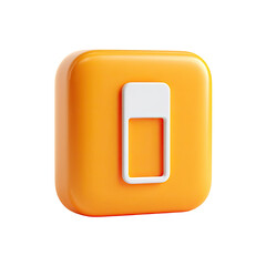 Glossy orange square button featuring a white, rectangular toggle switch; 3D rendered