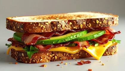 Sliced avocado, crispy bacon, fresh greens, and melted cheese are layered between toasted whole grain bread slices, forming a delicious and appetizing sandwich with a tempting presentation on a...