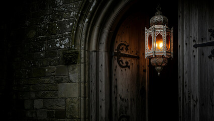 Antique Lantern by a Weathered Wooden Door at Night