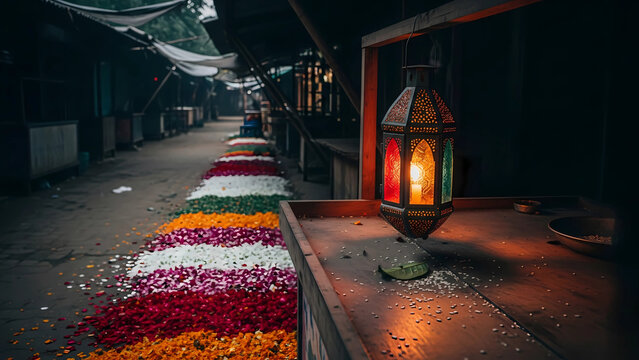Street Festival with Flower Carpet and Hanging Lantern