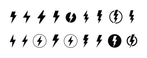 Collection of Black Lightning Bolt Icons and Symbols on White Background