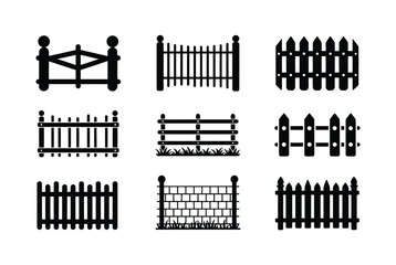 Collection of Black Silhouette Fence and Gate Icons on White Background