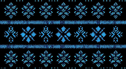 Intricate seamless knitted pattern design featuring cyan snowflakes on dark background