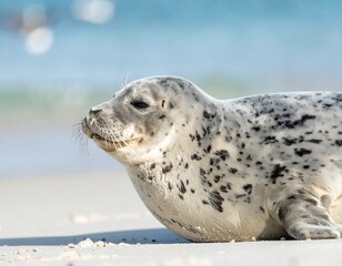 Close-up of a young harbor seal on beach