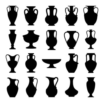 Collection of Black Silhouettes of Ancient Greek and Roman Pottery Vases