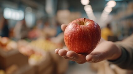 A hand holding a fresh red apple in a bustling market filled with vibrant fruits and warm lighting.