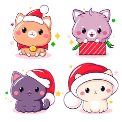 Adorable cats set. Merry Christmas collection with cute kitty in kawaii style. Can be used for winter holiday gift tag, label, t-shirt print, sticker, greeting card, badge design. Vector EPS8