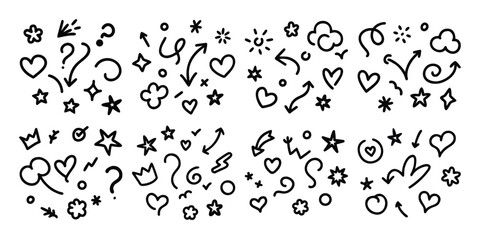 Hand Drawn Doodle Elements Set with Arrows Hearts Stars and Clouds