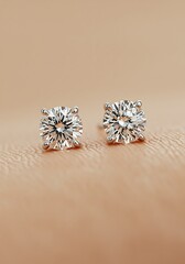 Sparkling diamond stud earrings on a beige textured background