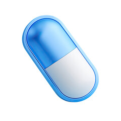 A digitally rendered, light-blue and white capsule, glossy, slightly tilted, isolated on a black background