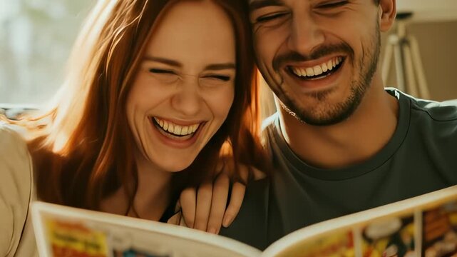 Cheerful young couple enjoying comic book at home with laughter and joy