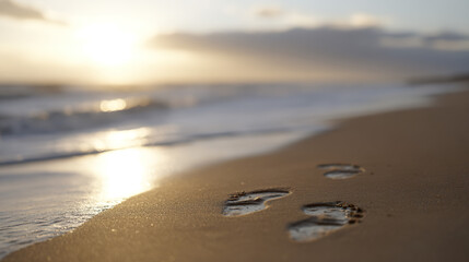 A serene beach sunset with footprints in the sand, evoking tranquility and golden warmth. inspiring travel planning, travel magazines, designed for travel destination branding.