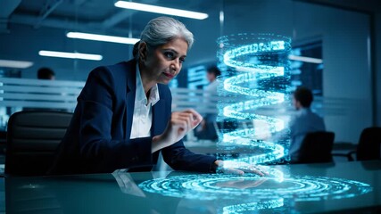 Interacting with holographic dna display. Businesswoman studies spiraling hologram and data on glass table. Technology and science concept fills modern office. Research highlights futuristic - Powered by Adobe