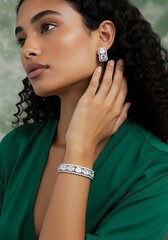 Obraz premium Woman wearing jewelry emerald green clothing and natural skin tone
