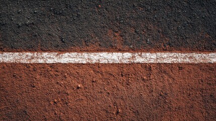 Fototapeta premium Overhead view of a white line on a red clay and dark textured court.