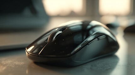 A sleek black computer mouse sits on a desk, illuminated by soft natural light, emphasizing its modern design and smooth surface.