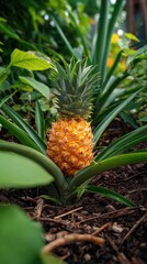 Obraz premium A close-up view of a vibrant, ripe pineapple growing amidst green foliage