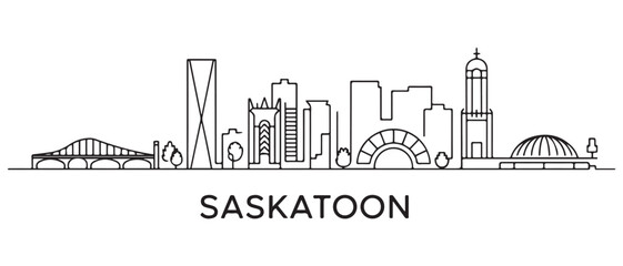 Saskatoon Line Art skyline horizontal banner. Saskatoon, Canada. with white background