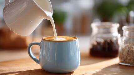 White coffee pitcher pouring milk into espresso, smooth motion blur