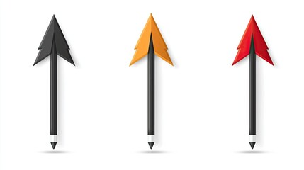 Three Modern 3D Arrows with Pencil Bodies and Faceted Black, Orange, Red Tips