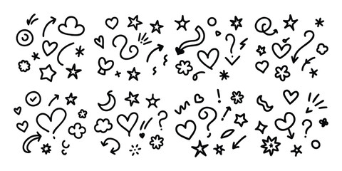 Hand Drawn Doodle Elements Set with Hearts Stars Arrows and Shapes
