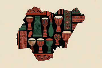Vibrant African djembe drums and cultural patterns celebrating heritage and rhythm within a stylized map silhouette, perfect for cultural events and travel promotions