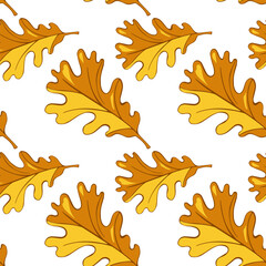 Simple autumn seamless pattern with yellow oak leaves. Autumn pattern with painted yellow leaves, seamless pattern with autumn leaves