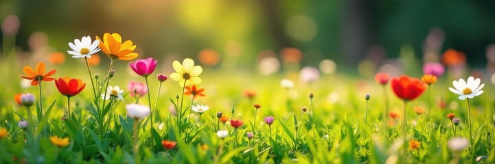 Fototapeta premium Vibrant wildflowers bursting into bloom in a lush green meadow, bathed in the warm sunlight of spring A perfect representation of new life and natural beauty , rural, springtime