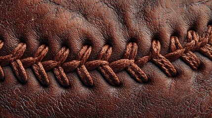 Detailed Close-up of Brown Baseball Leather with Visible Stitching