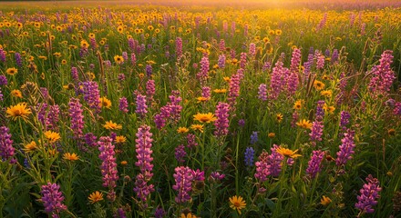 Vibrant field of wildflowers bathed in golden sunlight during daytime