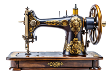 Ornate Antique Sewing Machine with Gold Embellishments Keywords: sewing machine, cutout png isolated on a transparent background