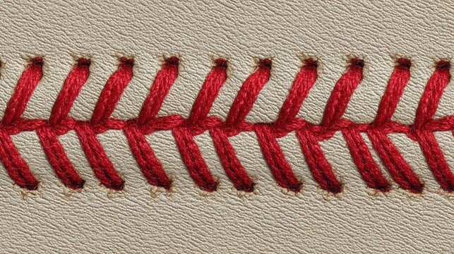 Closeup of red baseball stitches on a light-colored textured leather surface.