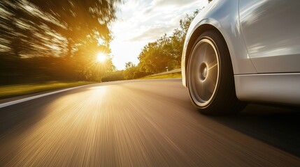 A car speeds down a sunlit highway, capturing the essence of freedom and motion.