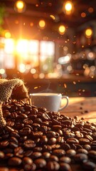 Dramatic Coffee Beans Spill From Burlap Sack With Steaming Mug And Bokeh Lights