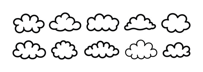 Collection of ten simple, hand-drawn cloud icons on a white background
