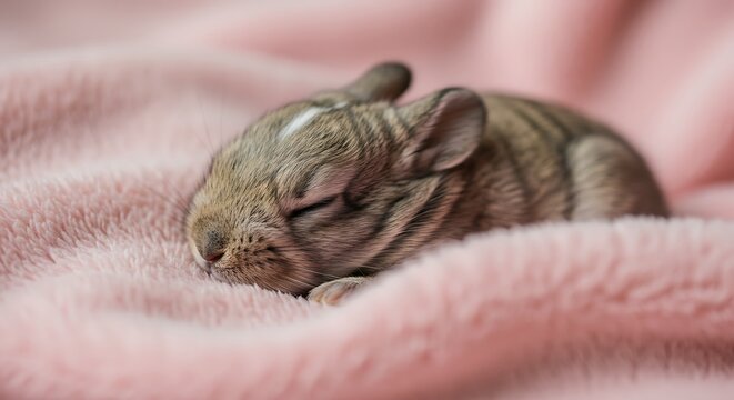 Adorable baby bunny sleeping peacefully on a soft pink blanket