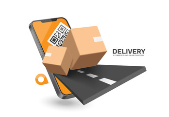 Parcel or cardboard box is being sent down the street to pinpoint that customer has specified after scanning QR code to pay, vector 3d isolated for e commerce, delivery, online shopping concept