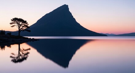 Minimalist silhouette of a steep mountain and single tree reflected in serene lake water during sunrise or dusk, for tranquility concepts