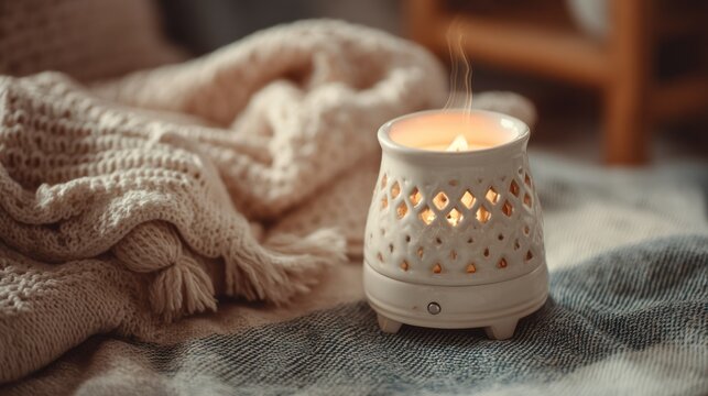 White oil warmer with tealight glowing serene and classic for cozy relaxation content