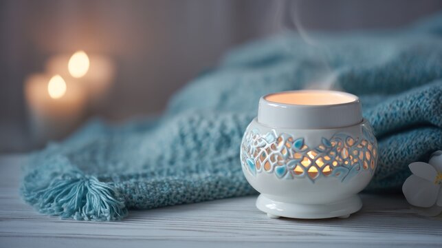 White oil warmer with tealight glowing serene and classic for cozy relaxation content
