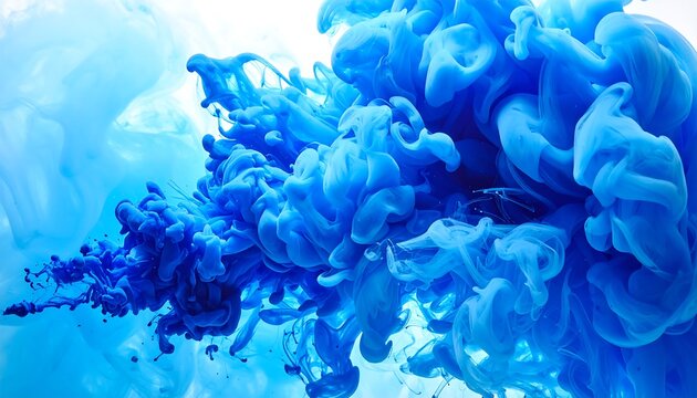 Vivid abstract composition showcasing a swirling dance of vibrant blue pigments suspended within a light-blue transparent backdrop. Depicts fluidity and artistic expression