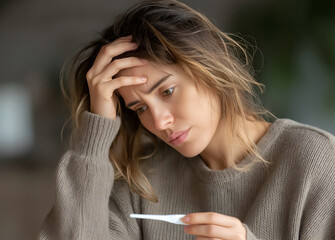 European Young Woman Anxiously Checks Thermometer Feeling Worried About Sickness