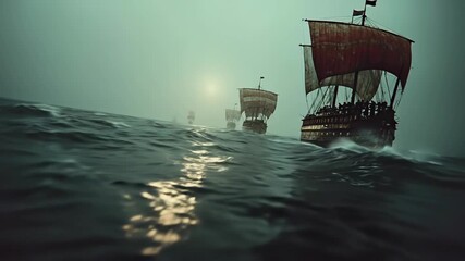 Fleet of ancient sailing ships navigating rough sea with sun setting in the distance journeying through an unknown ocean, animation