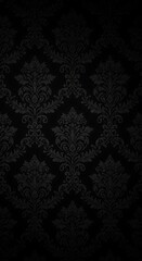 Dark damask wallpaper with a classic baroque pattern in black, creating a luxurious and vintage feel, perfect for interior design and gothic themes